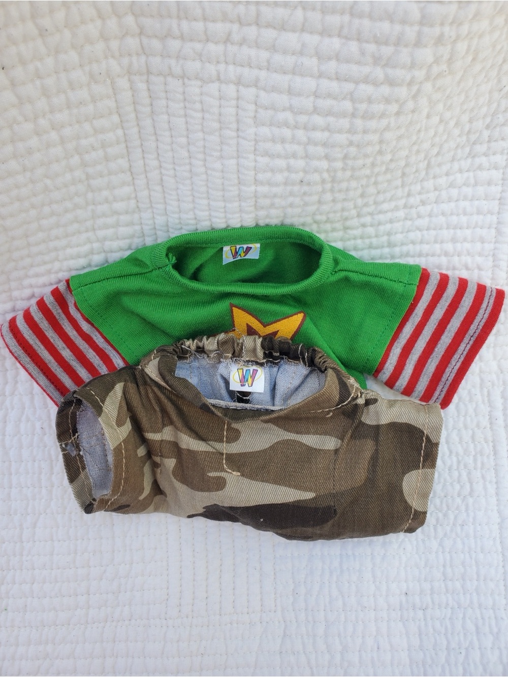 Webkinz Clothes- Green Star Striped Sleeve Shirt with Camouflage Shorts